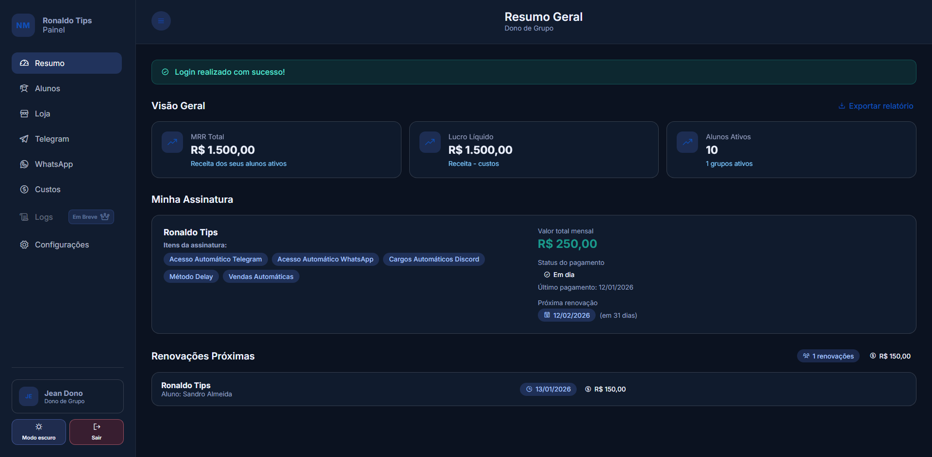 Screenshot do Dashboard Auto Networking